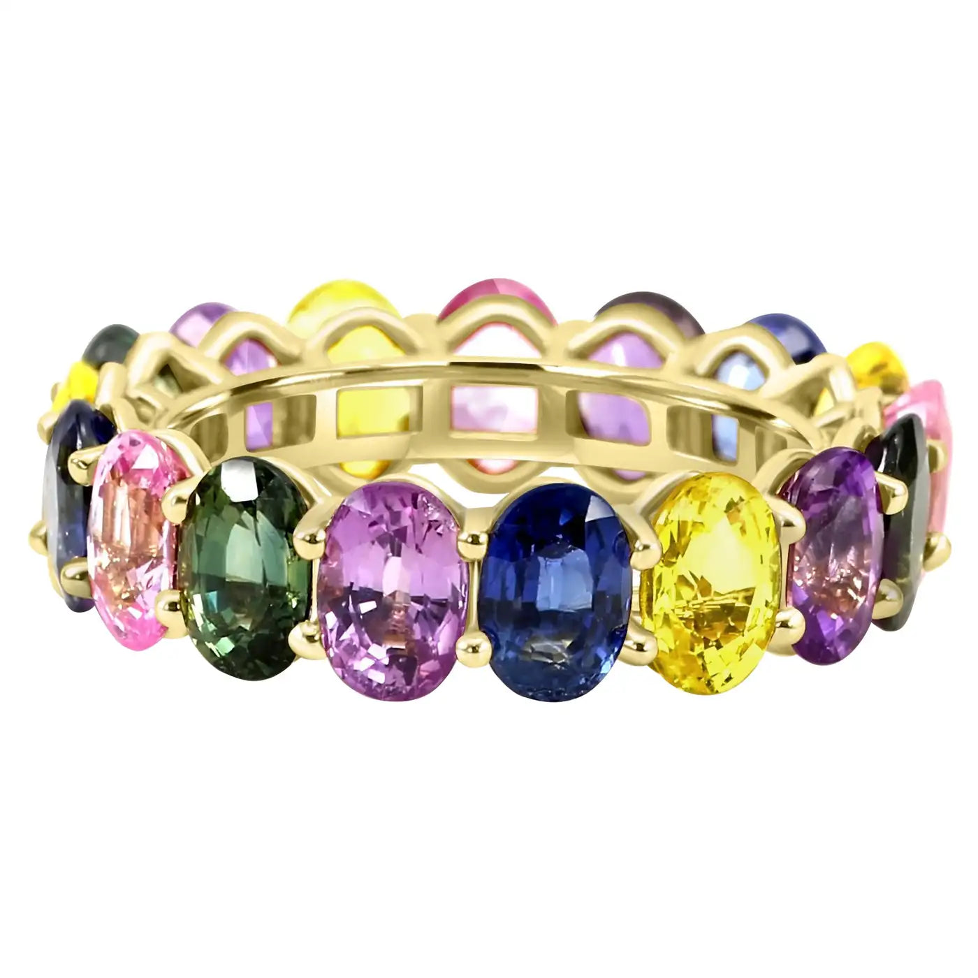 Anillo de eternidad de oro amarillo de 18 quilates con óvalos de zafiro multicolor