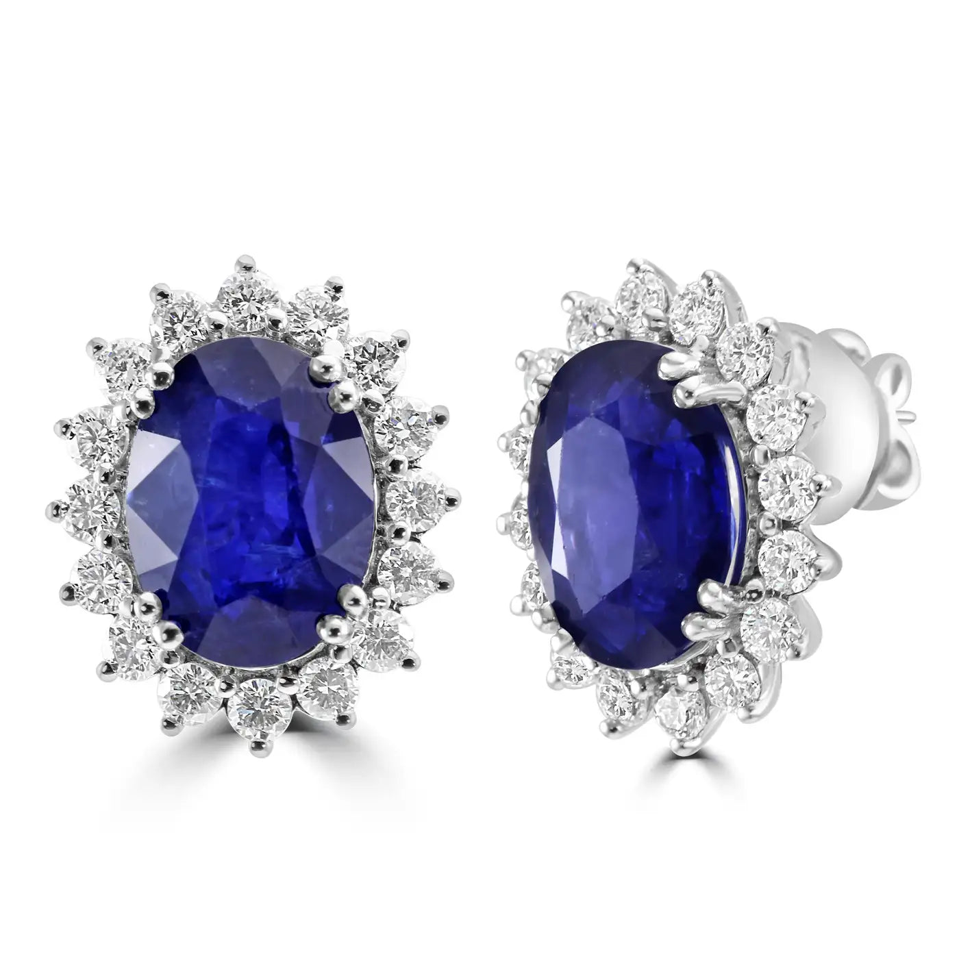 18K Gold Stud Earring Ceylon Sapphire Oval 10.05 Carats And White Rounds Diamonds Halo