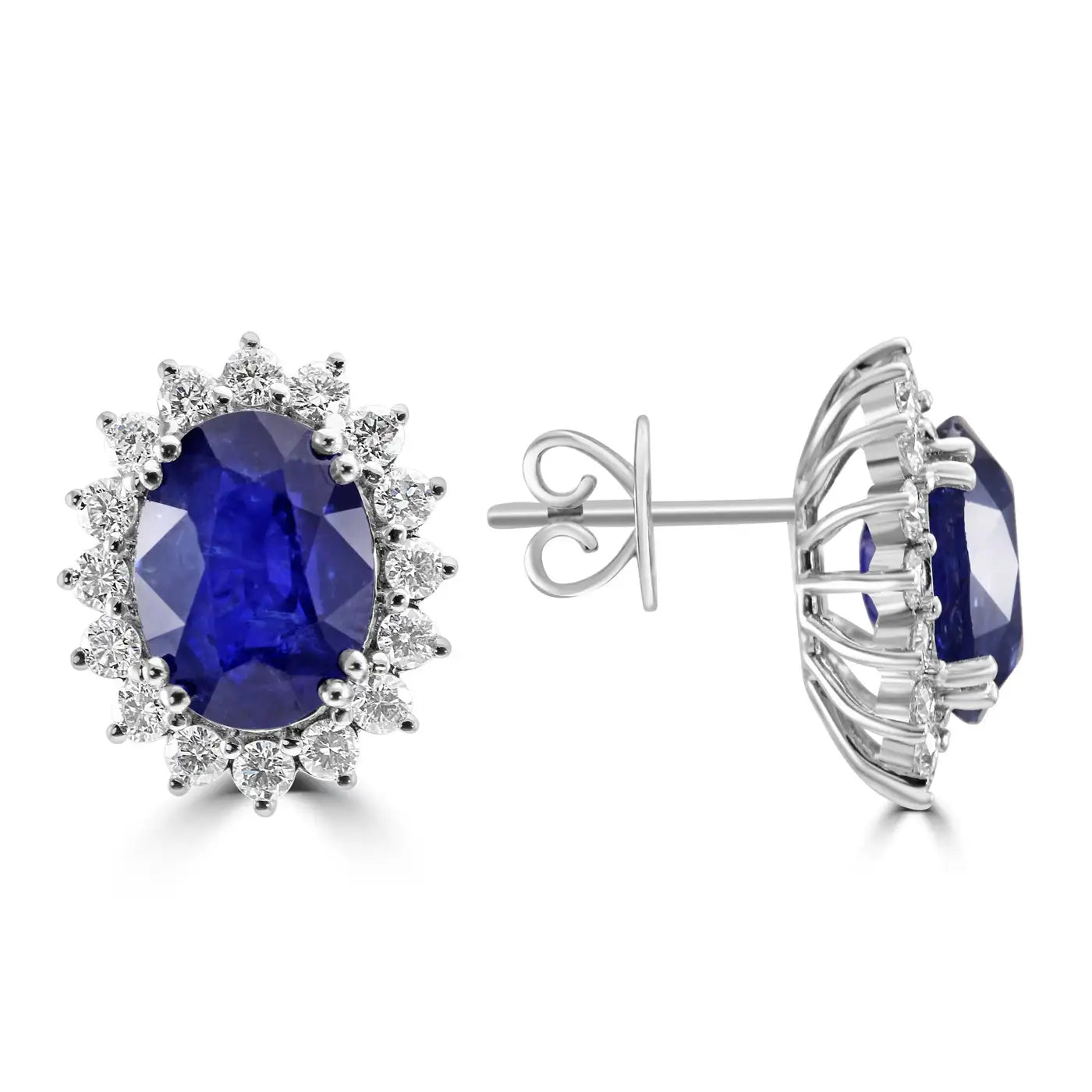 18K Gold Stud Earring Ceylon Sapphire Oval 10.05 Carats And White Rounds Diamonds Halo