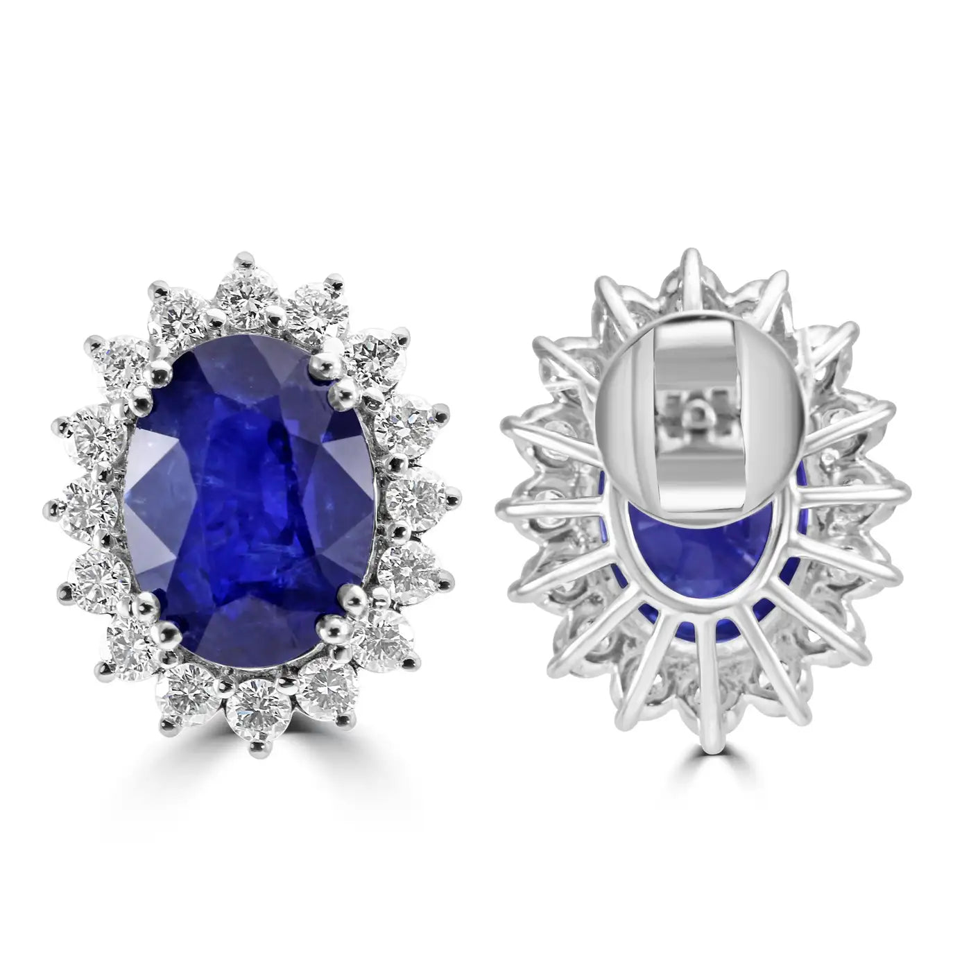 18K Gold Stud Earring Ceylon Sapphire Oval 10.05 Carats And White Rounds Diamonds Halo