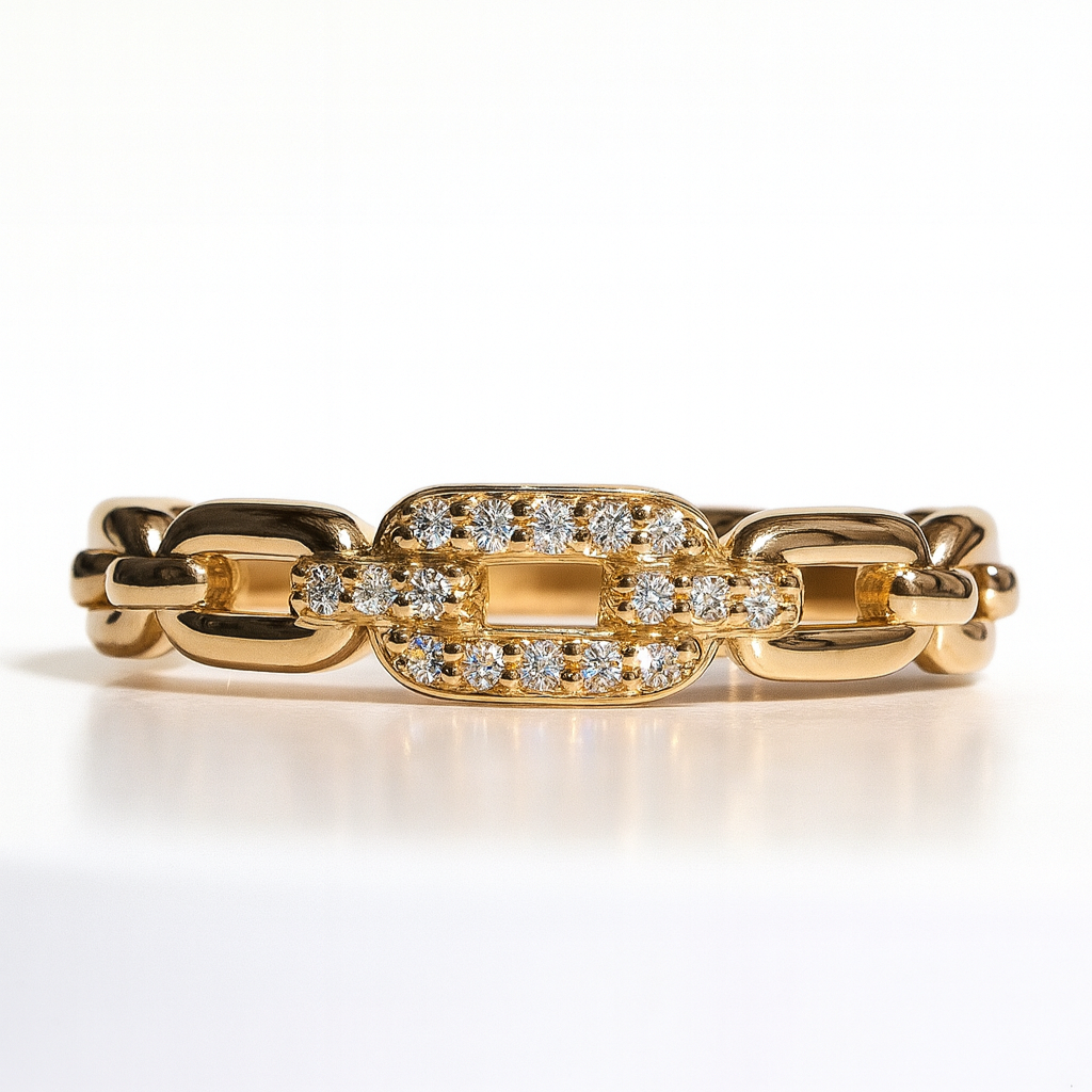 18kt Solid Yellow Gold Chain-Link Diamond Ring