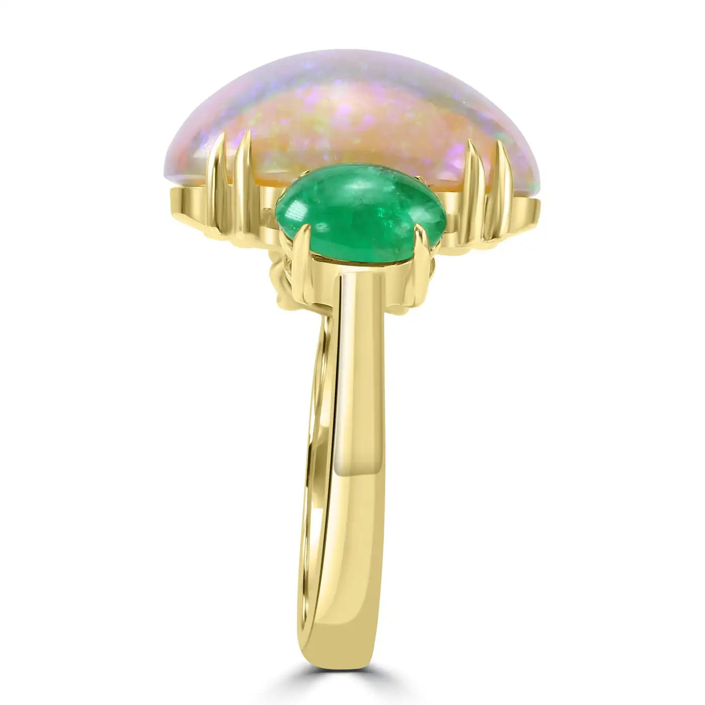 Cabochon Oval Opal & Emerald 18 Karat Yellow Gold Three-Stone Fashion Ring