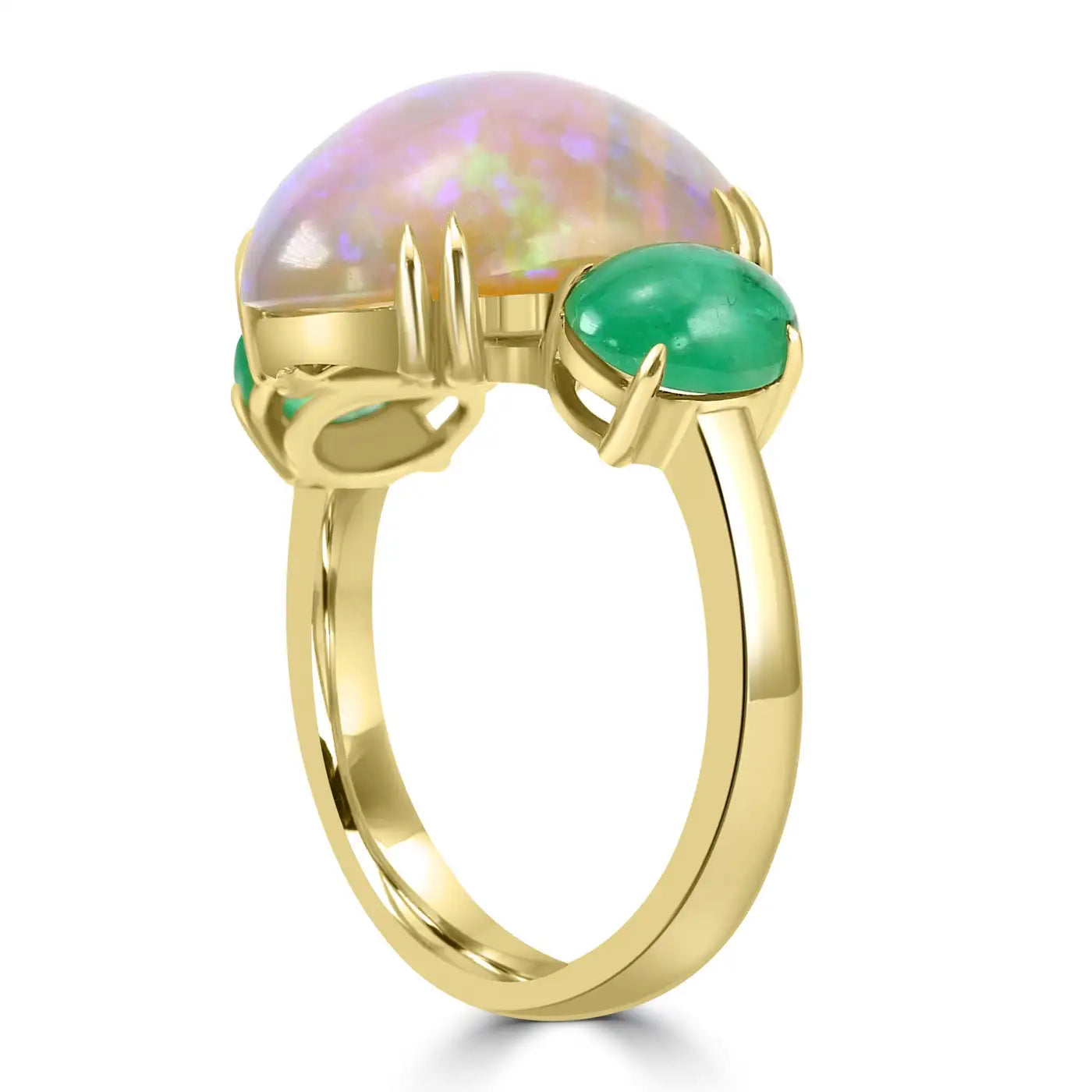 Cabochon Oval Opal & Emerald 18 Karat Yellow Gold Three-Stone Fashion Ring