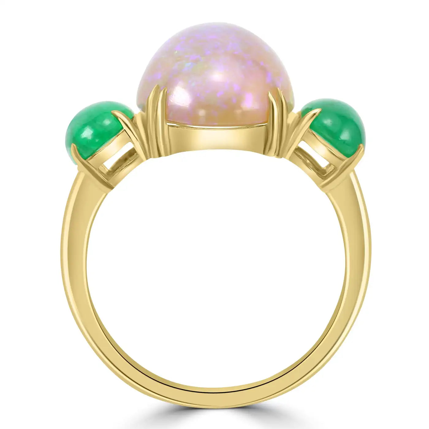 Cabochon Oval Opal & Emerald 18 Karat Yellow Gold Three-Stone Fashion Ring