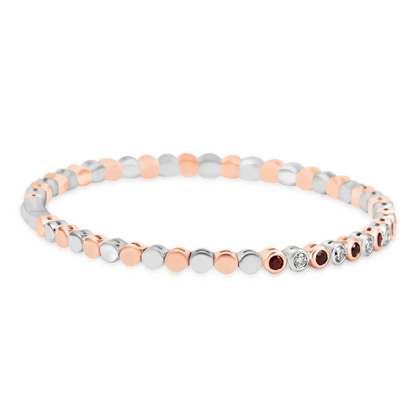 Brazalete de oro blanco y rosa de 14 quilates con rubí y diamante blanco redondo de 1,24 quilates