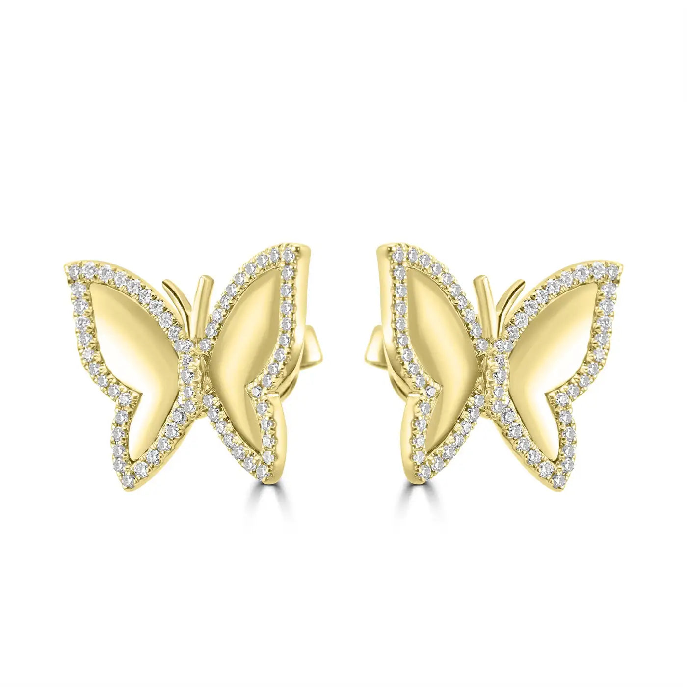 White Diamond Round Butterfly Shape 14K Yellow Gold Stud Earrings
