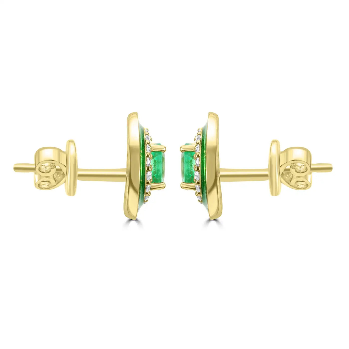 Pendiente de oro de 18 quilates con halo de esmalte verde y diamantes blancos redondos de esmeralda