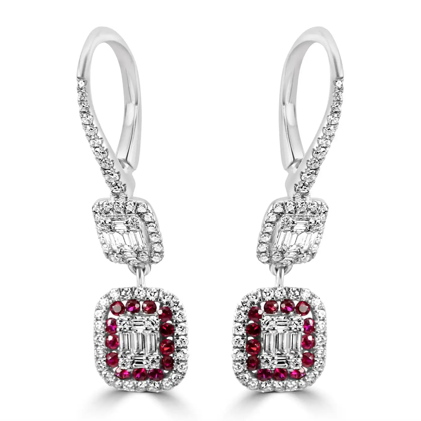 18k White Gold Dangle Drop Earrings Ruby Round & Diamond Baguette
