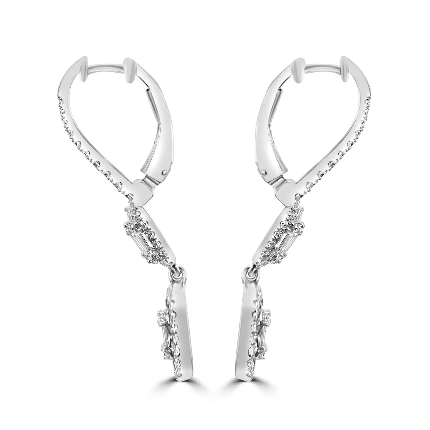 18k White Gold Dangle Drop Earrings Ruby Round & Diamond Baguette