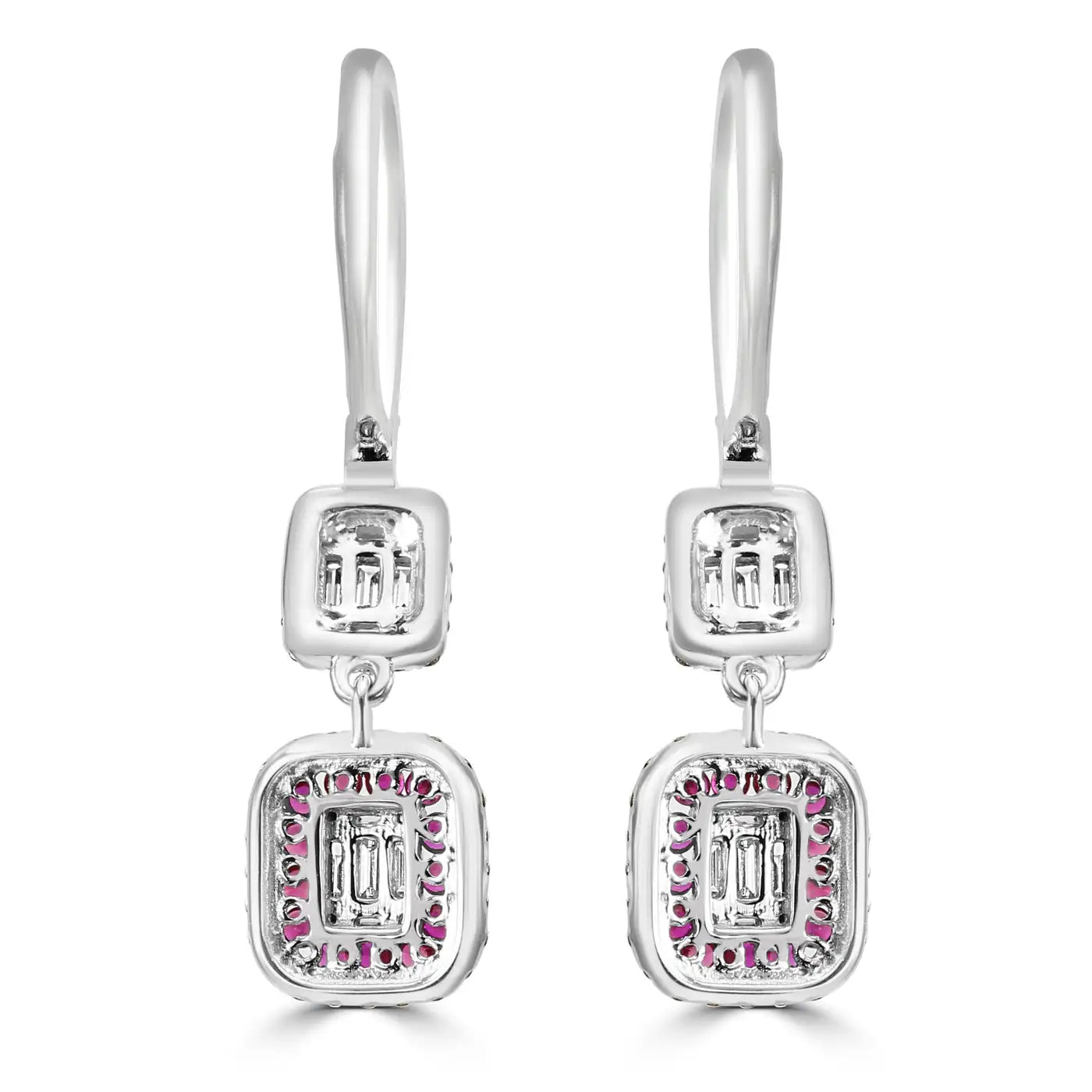 18k White Gold Dangle Drop Earrings Ruby Round & Diamond Baguette