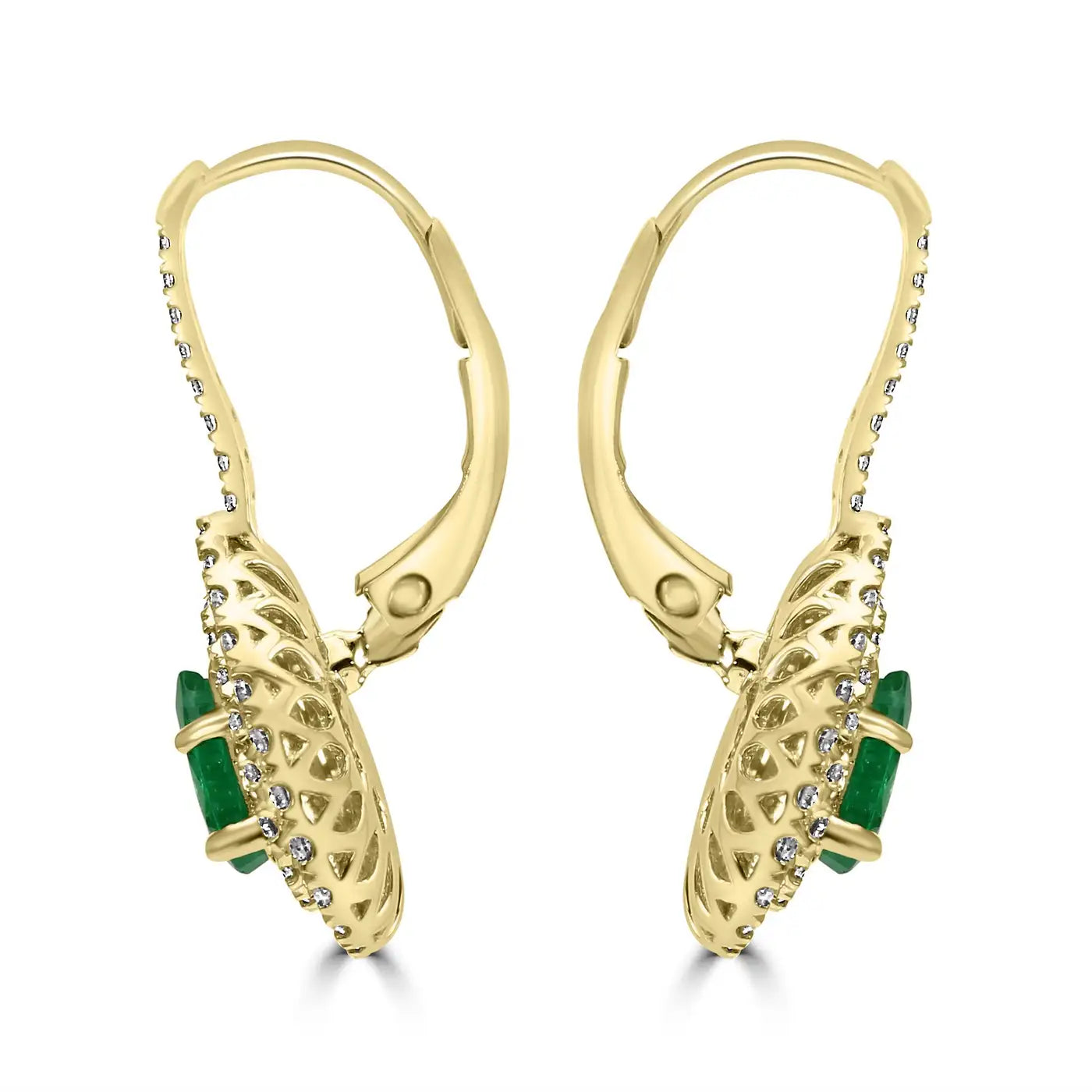 Emerald Pear & White Diamond Round Double Halo 14K Gold Dangle Earring