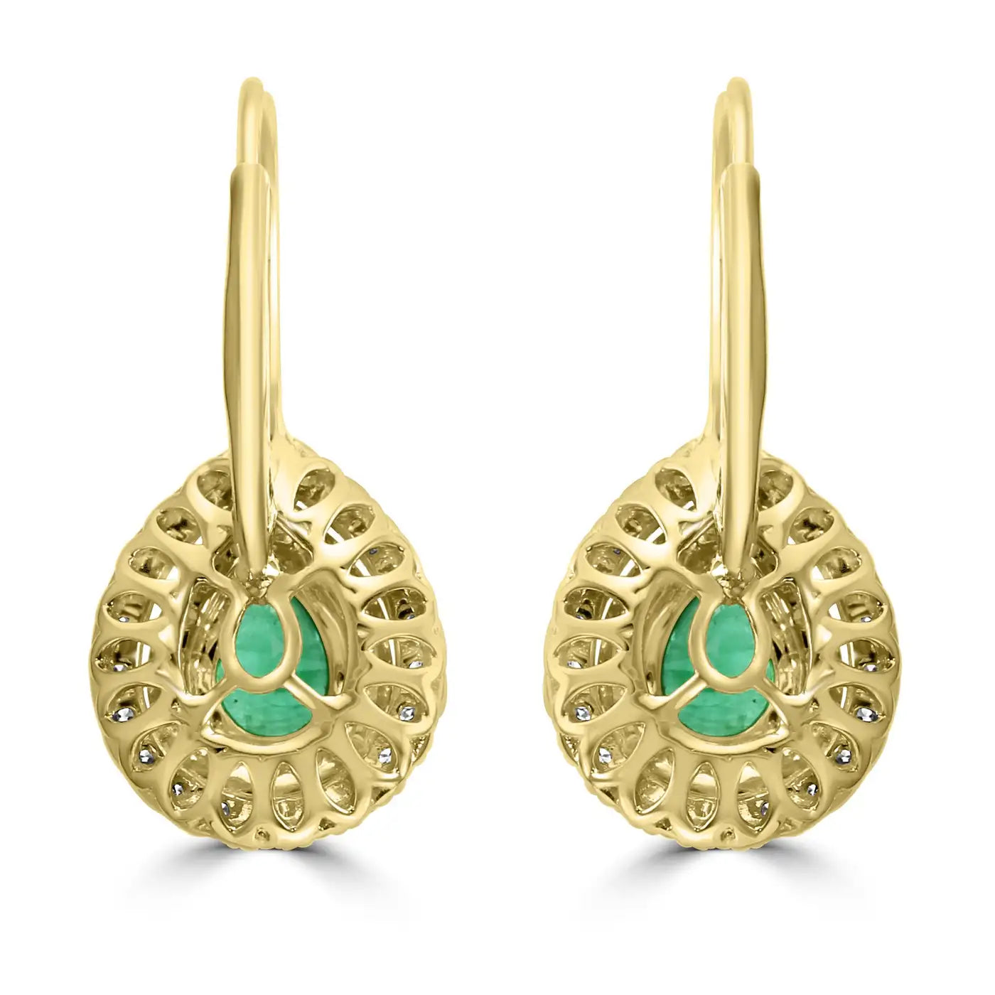 Emerald Pear & White Diamond Round Double Halo 14K Gold Dangle Earring