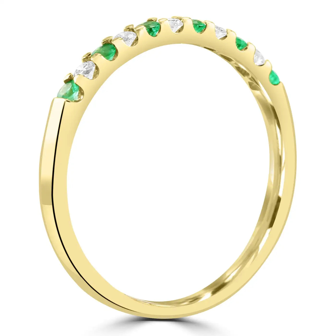 Anillo de compromiso de oro amarillo de 18 quilates con 11 piedras redondas de esmeralda y diamantes blancos