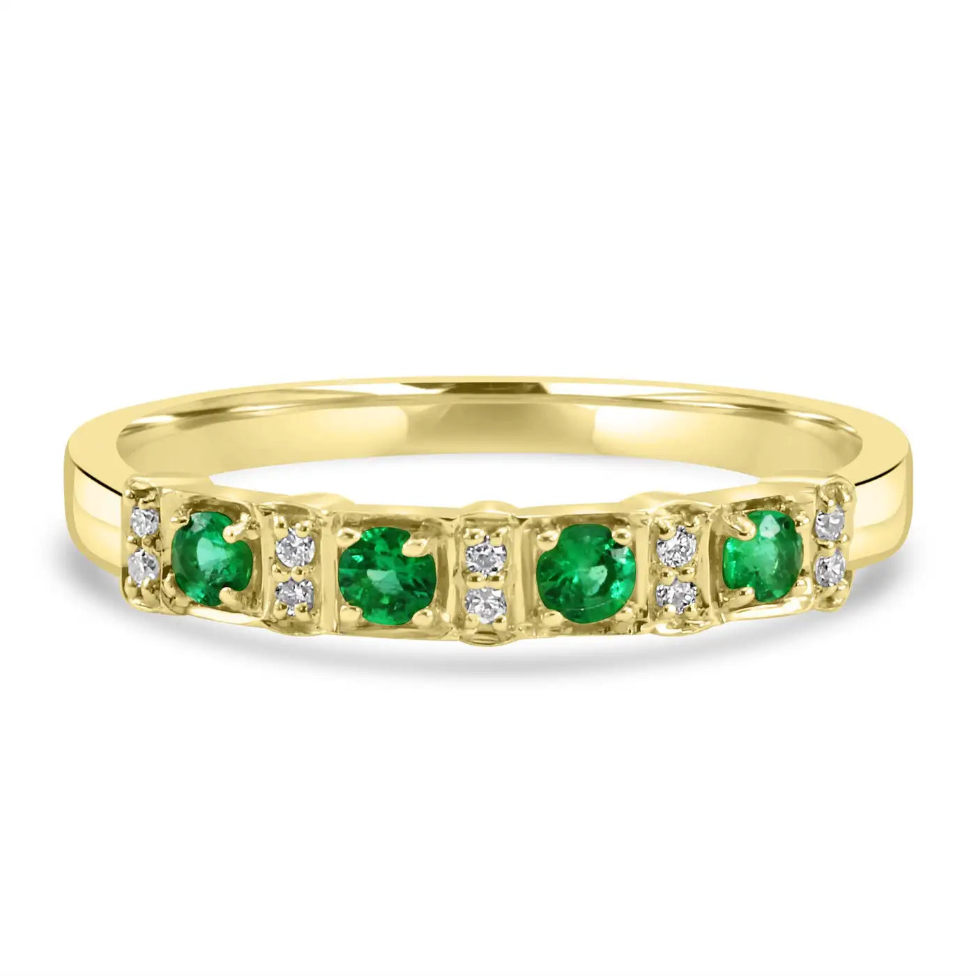 Emerald And White Diamond 14 Stone In 18 Karat Yellow Gold Engagement Band Ring