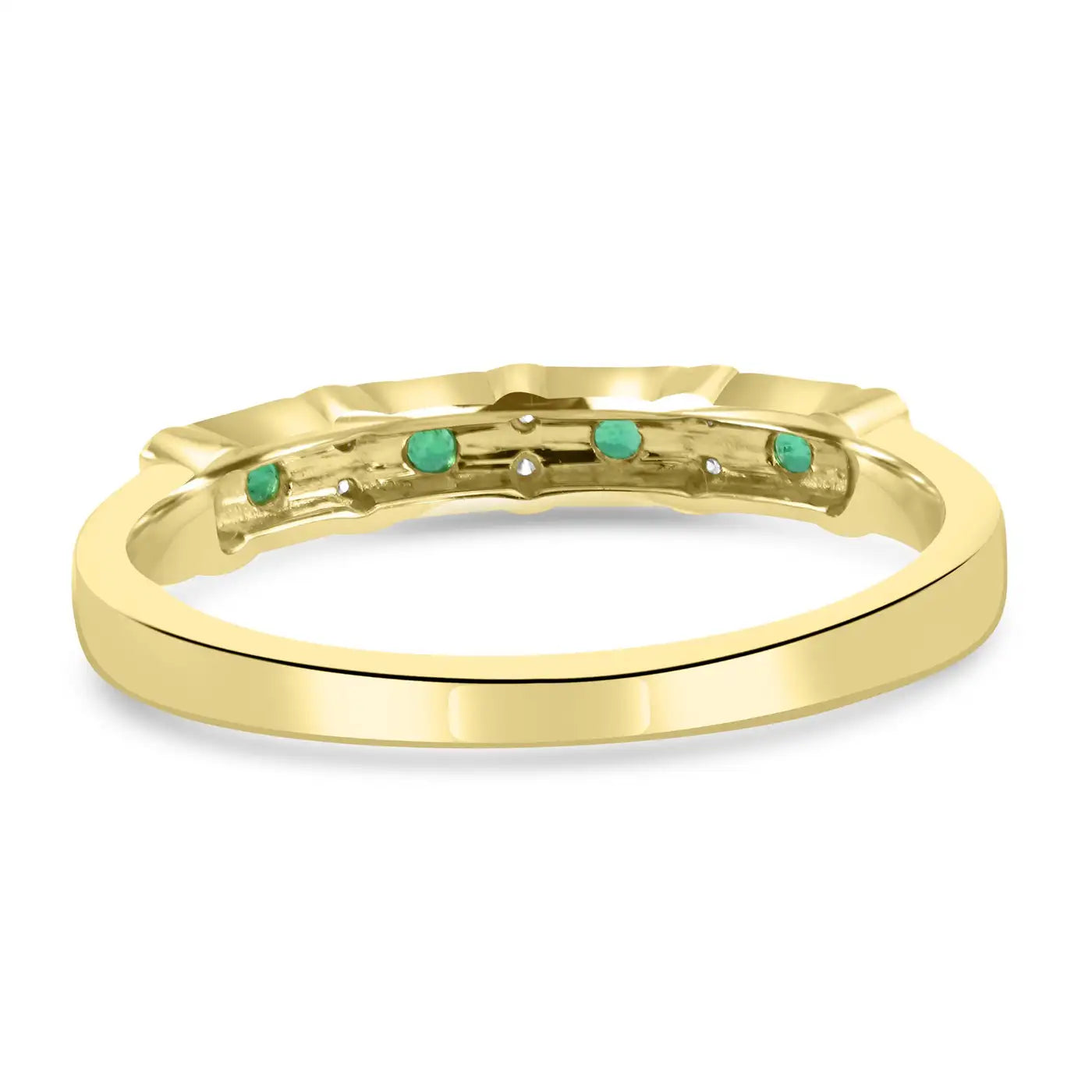 Emerald And White Diamond 14 Stone In 18 Karat Yellow Gold Engagement Band Ring