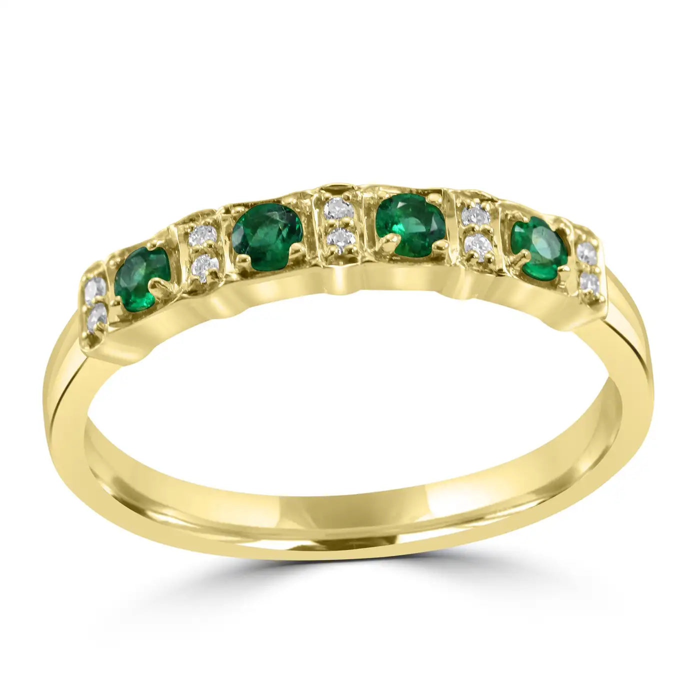 Emerald And White Diamond 14 Stone In 18 Karat Yellow Gold Engagement Band Ring