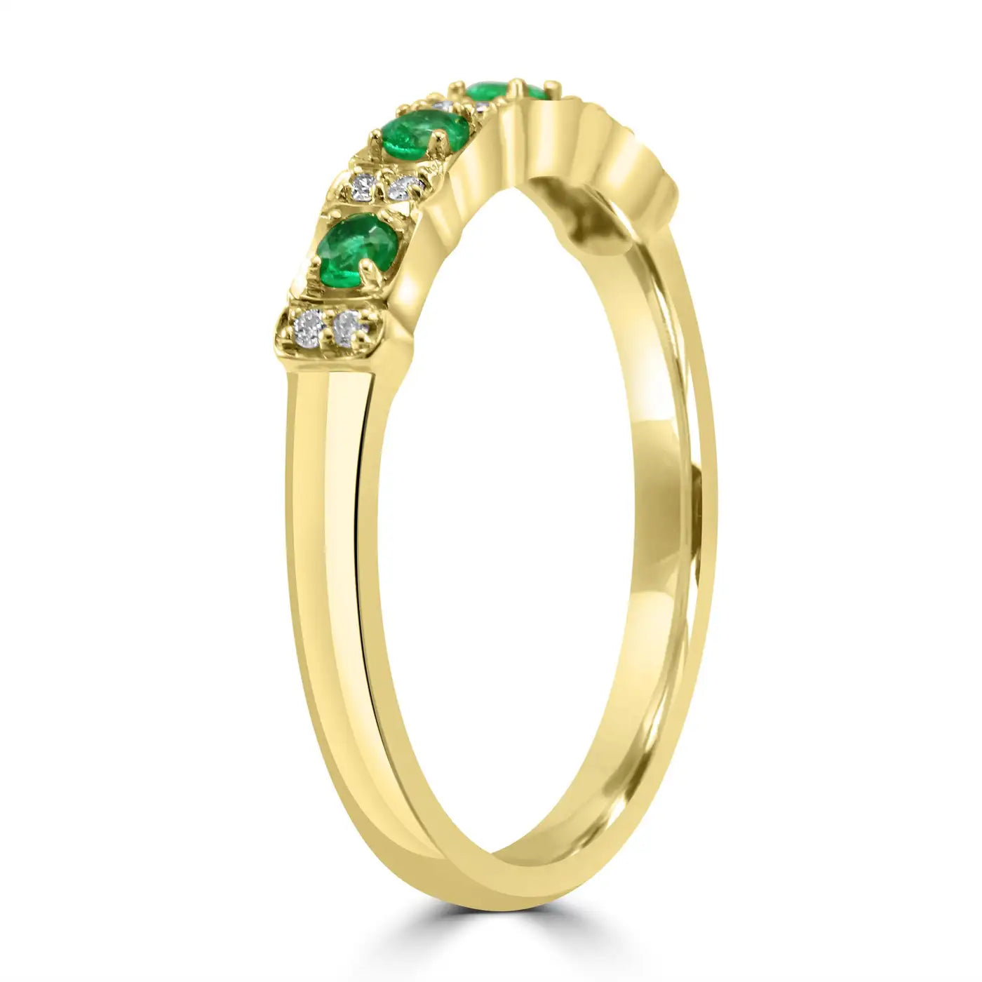Emerald And White Diamond 14 Stone In 18 Karat Yellow Gold Engagement Band Ring