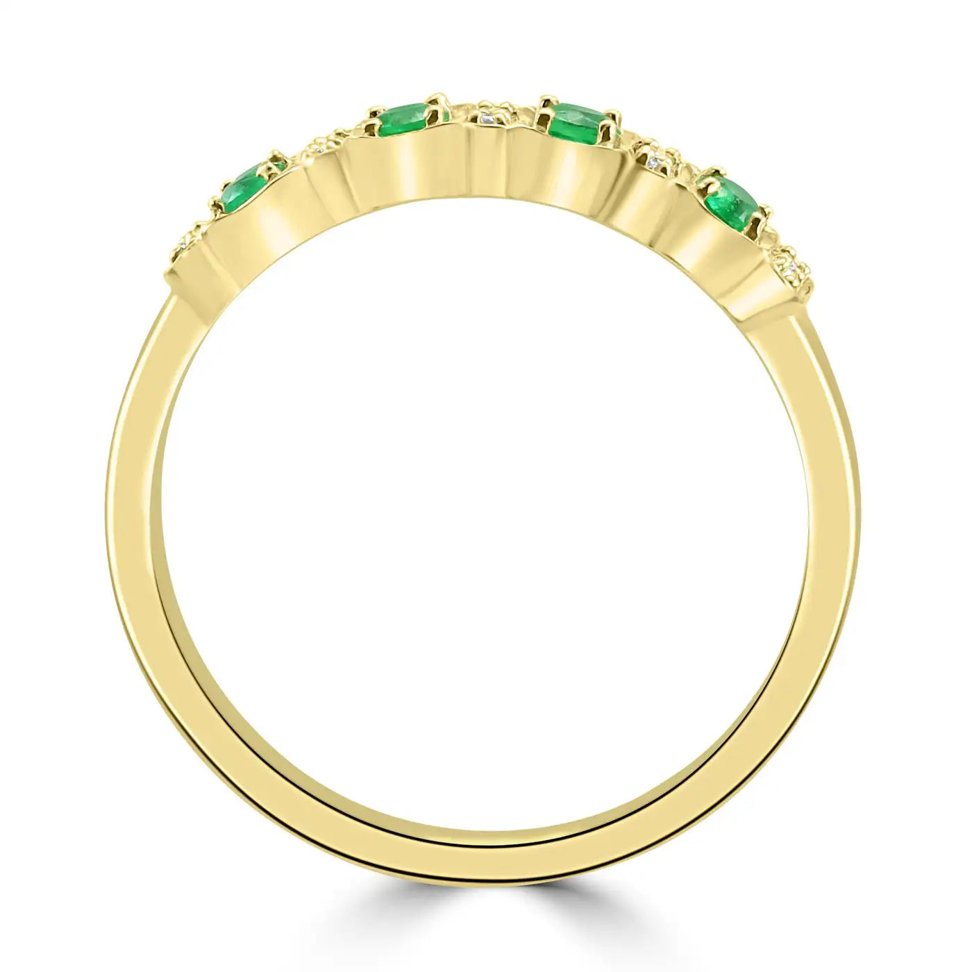 Emerald And White Diamond 14 Stone In 18 Karat Yellow Gold Engagement Band Ring