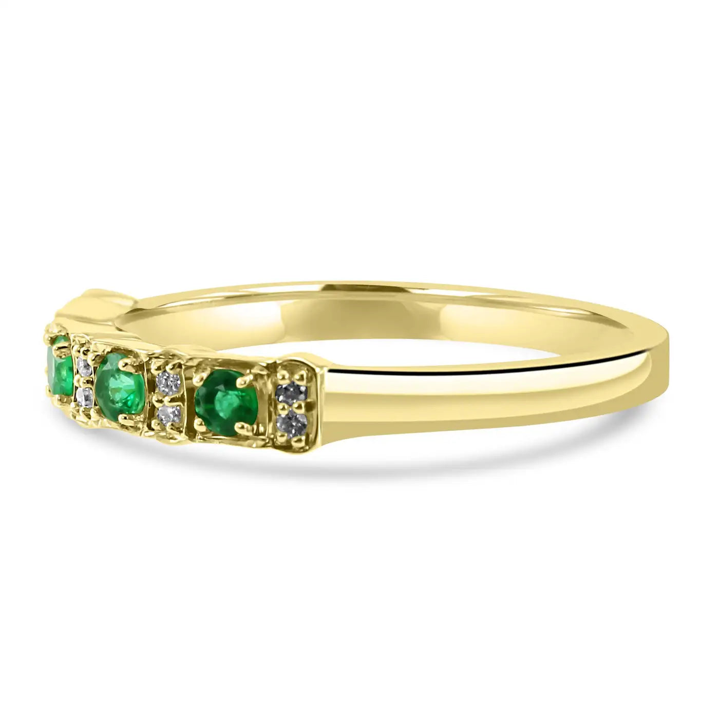 Emerald And White Diamond 14 Stone In 18 Karat Yellow Gold Engagement Band Ring