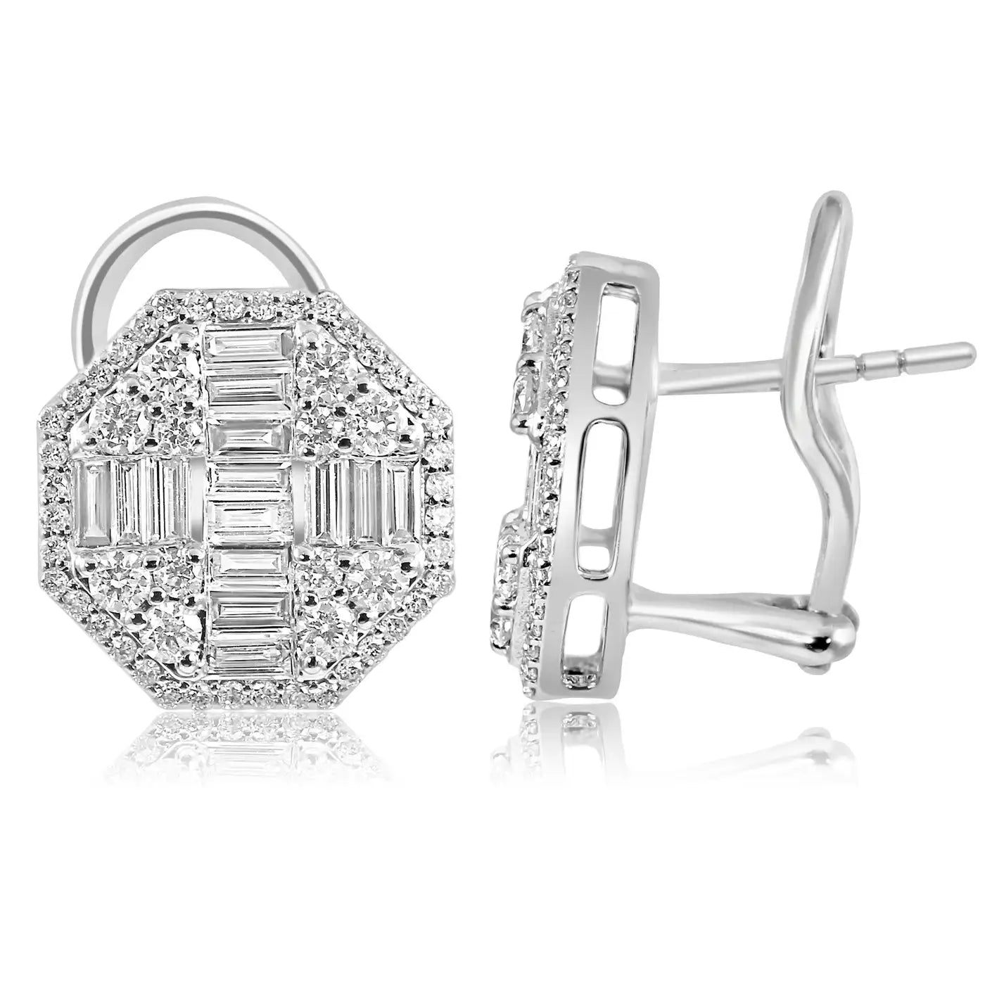 Pendiente tipo cóctel con halo redondo de diamantes en forma de baguette y cierre de palanca en oro de 18 quilates