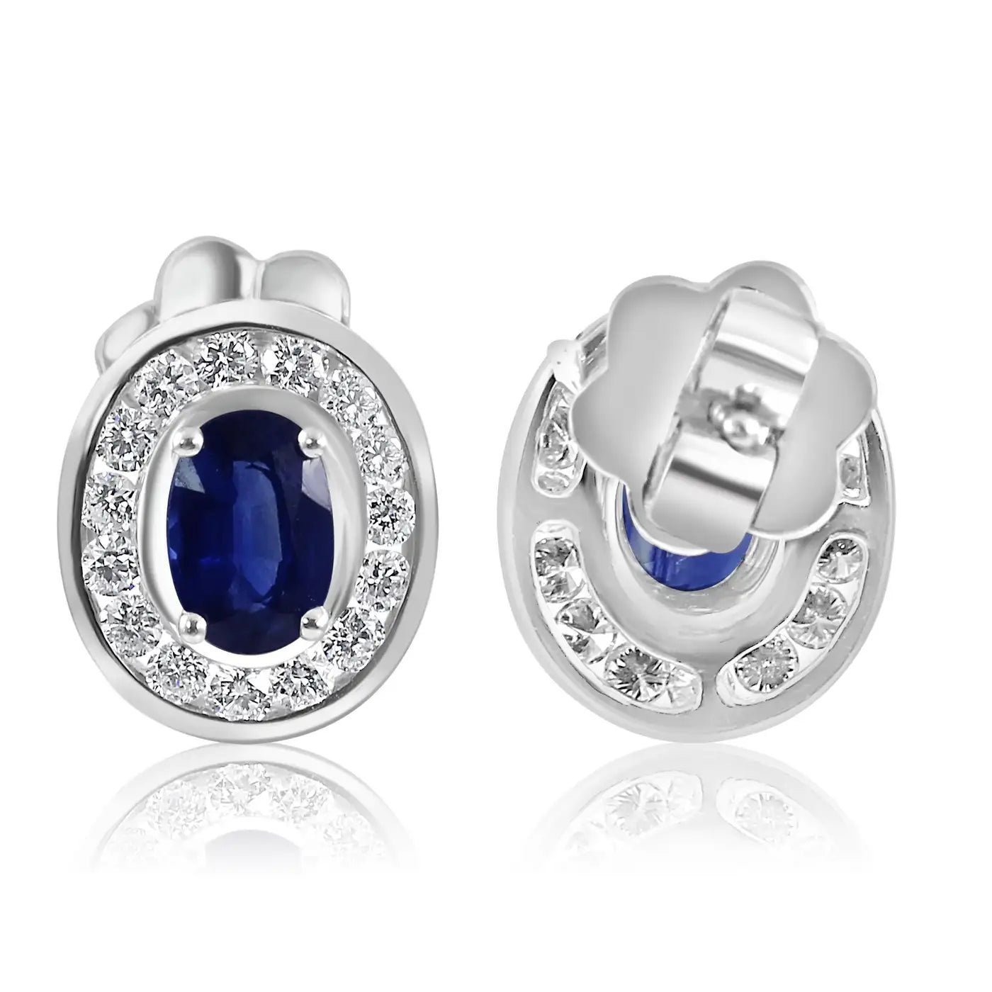 Blue Sapphire Oval White Diamond Round Halo 18K Gold Fashion Stud Earring