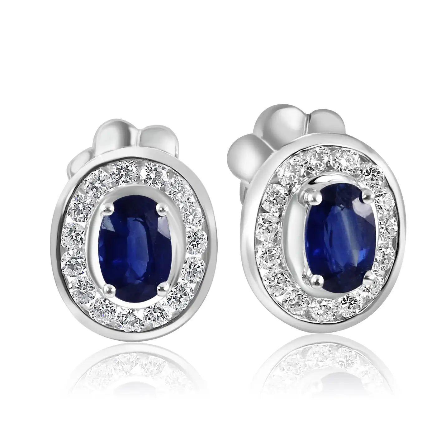 Blue Sapphire Oval White Diamond Round Halo 18K Gold Fashion Stud Earring