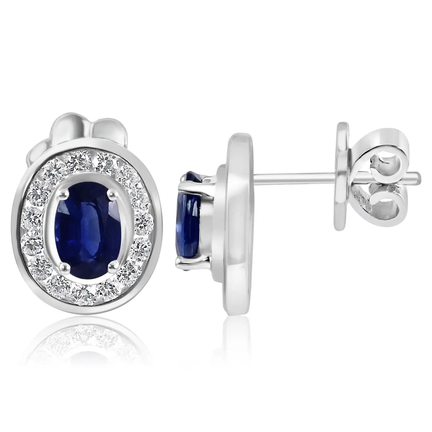 Blue Sapphire Oval White Diamond Round Halo 18K Gold Fashion Stud Earring