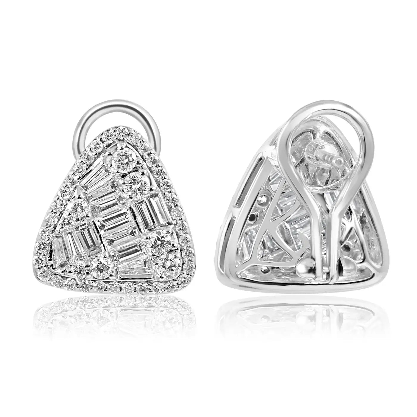 Pendiente de oro de 14 quilates con halo redondo y diamantes blancos en forma de baguette y forma triangular