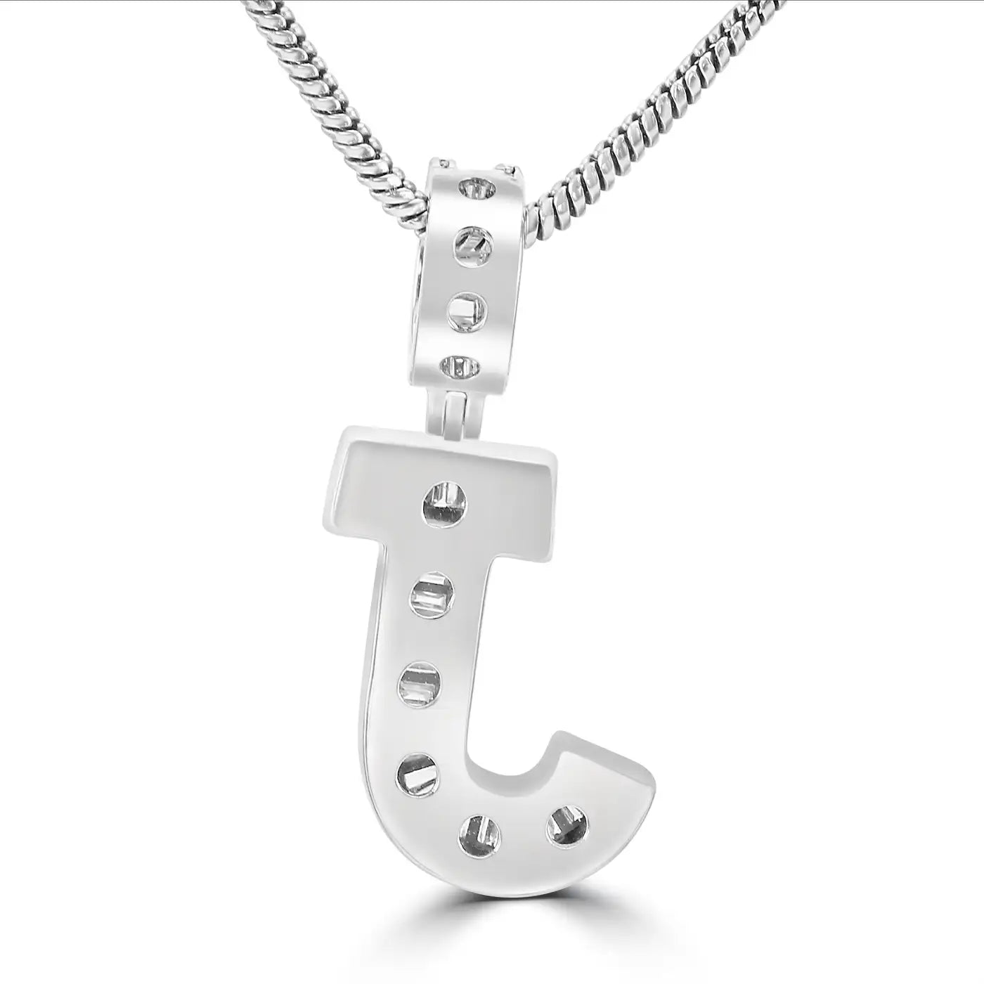 Colgante Oro Blanco 18K Letra "J" Diamante Blanco Baguette y Redondos