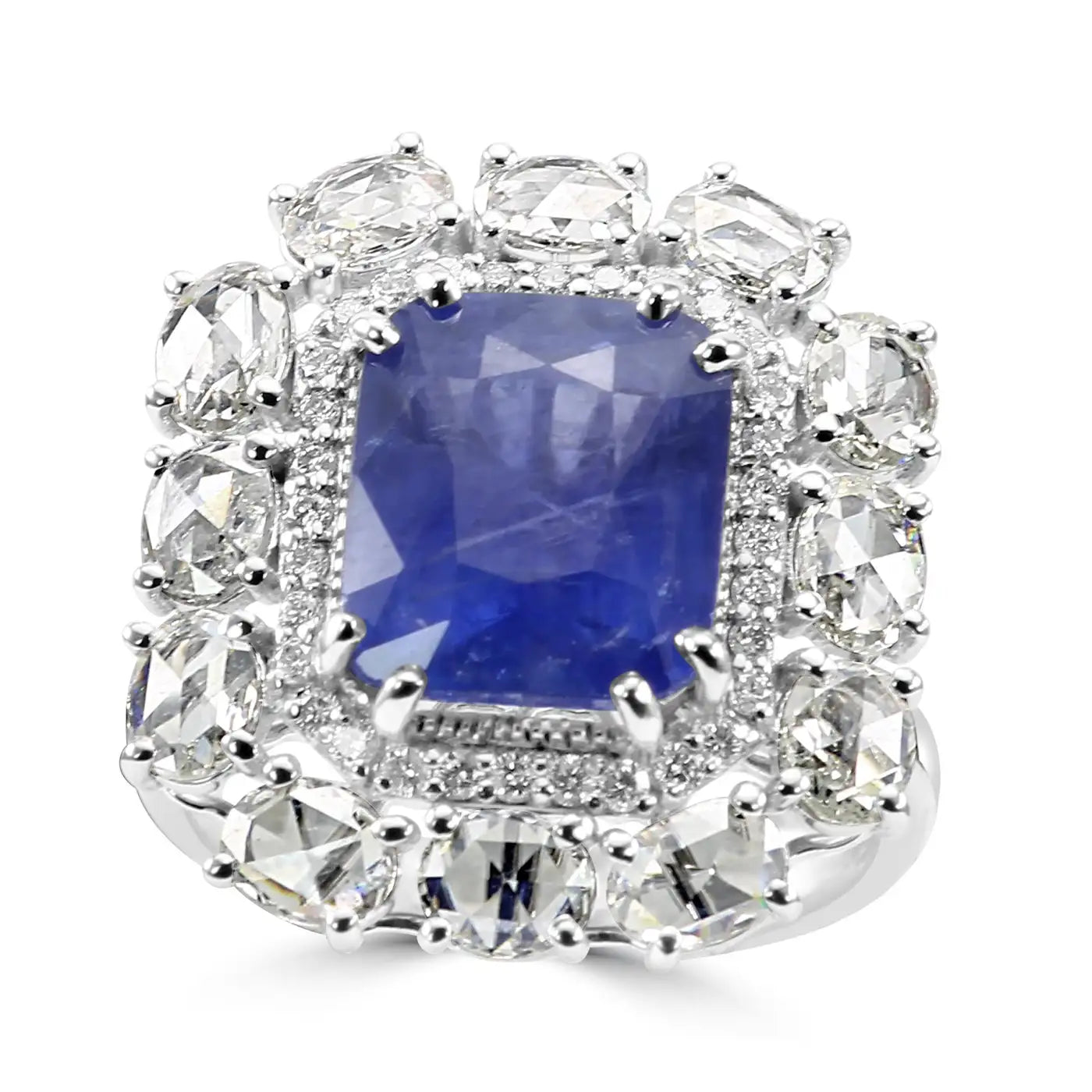 Anillo de compromiso nupcial con halo de oro de 18 quilates y diamantes y zafiro de Ceilán de estilo art déco