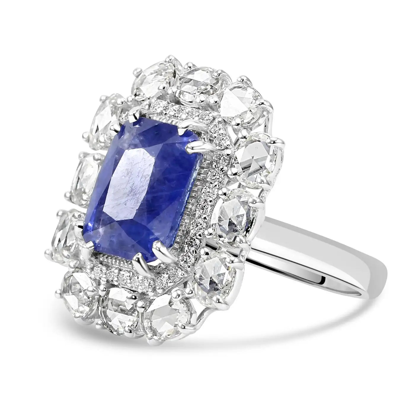 Anillo de compromiso nupcial con halo de oro de 18 quilates y diamantes y zafiro de Ceilán de estilo art déco