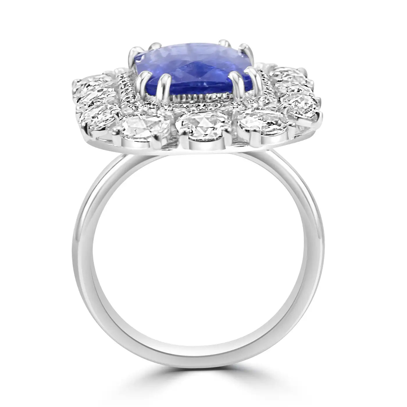 Anillo de compromiso nupcial con halo de oro de 18 quilates y diamantes y zafiro de Ceilán de estilo art déco