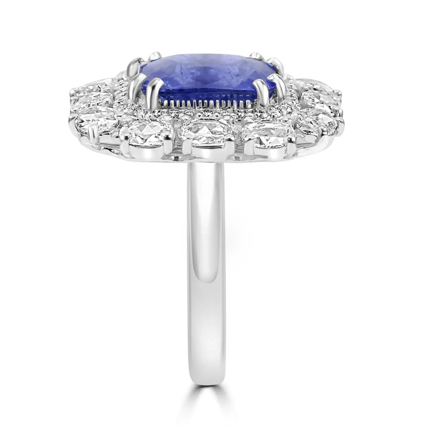 Anillo de compromiso nupcial con halo de oro de 18 quilates y diamantes y zafiro de Ceilán de estilo art déco