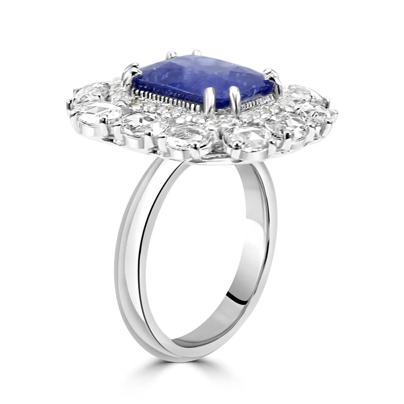 Anillo de compromiso nupcial con halo de oro de 18 quilates y diamantes y zafiro de Ceilán de estilo art déco