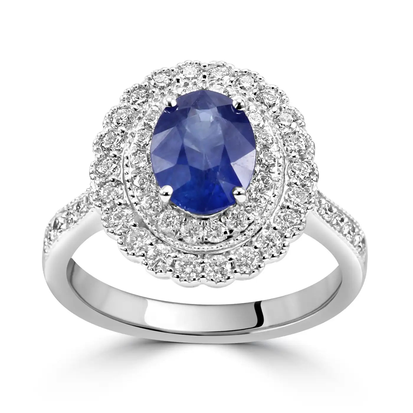 Anillo de compromiso de oro de 18 quilates con halo doble de diamantes blancos y zafiro de Ceilán