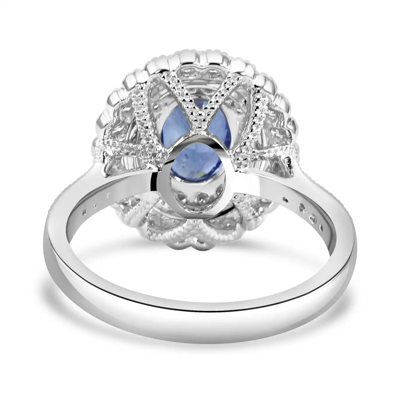 Anillo de compromiso de oro de 18 quilates con halo doble de diamantes blancos y zafiro de Ceilán