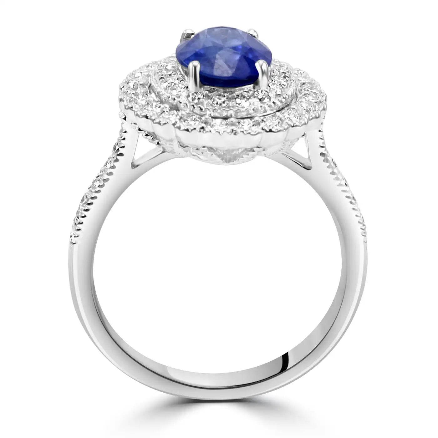 Anillo de compromiso de oro de 18 quilates con halo doble de diamantes blancos y zafiro de Ceilán