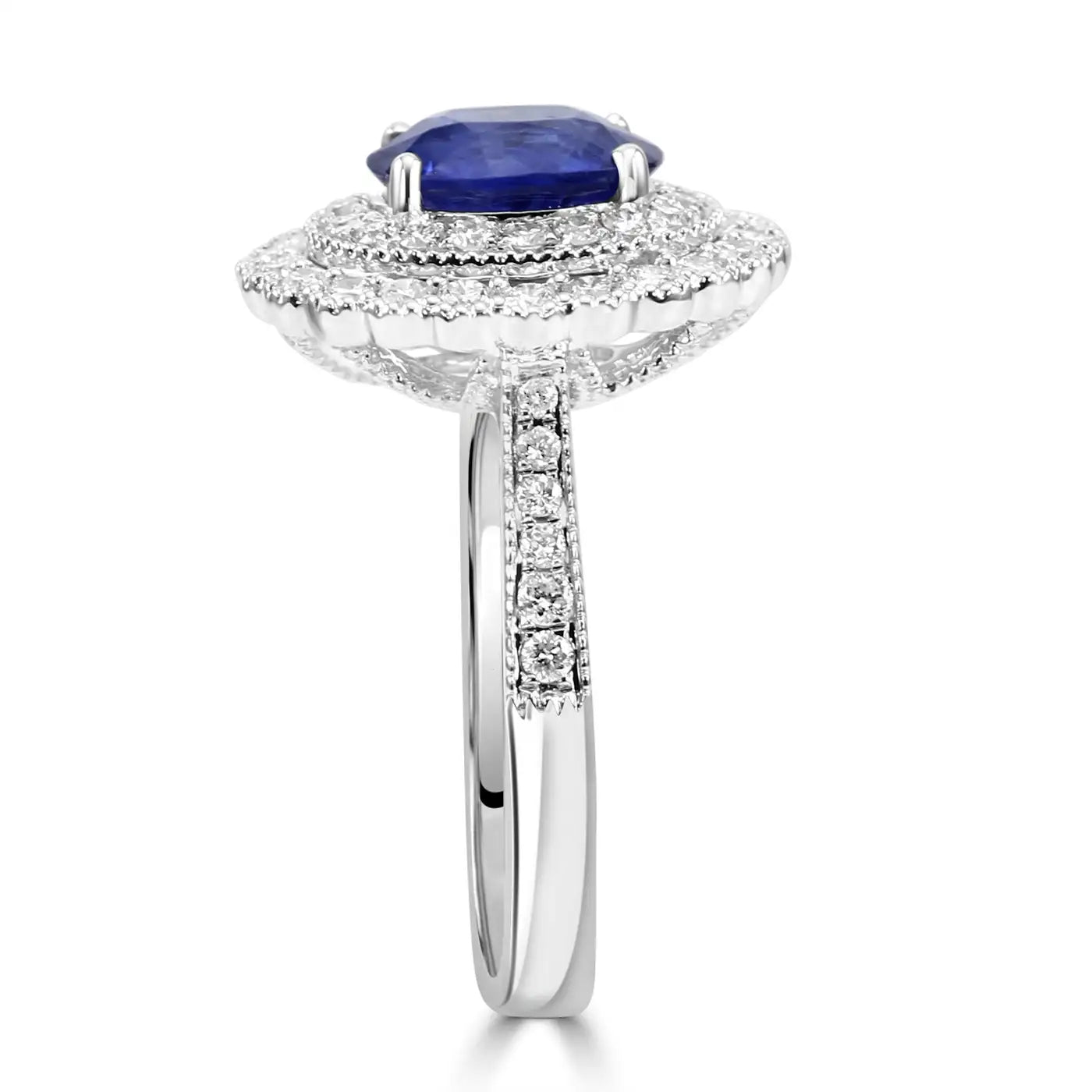 Anillo de compromiso de oro de 18 quilates con halo doble de diamantes blancos y zafiro de Ceilán