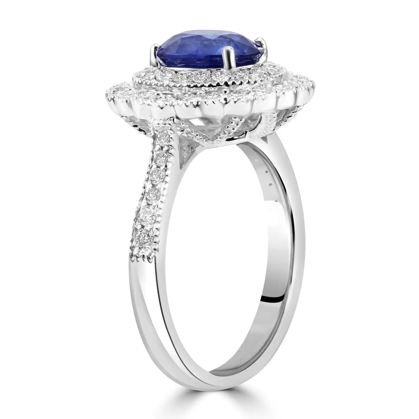 Anillo de compromiso de oro de 18 quilates con halo doble de diamantes blancos y zafiro de Ceilán