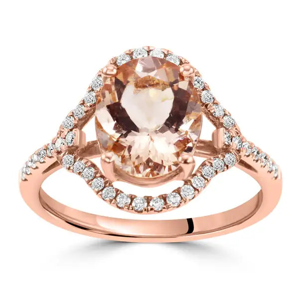 Anillo de compromiso con halo de oro de 14 quilates con diamantes blancos redondos y morganita ovalada