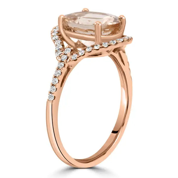Anillo de compromiso con halo de oro de 14 quilates con diamantes blancos redondos y morganita ovalada