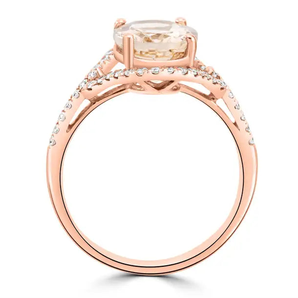 Anillo de compromiso con halo de oro de 14 quilates con diamantes blancos redondos y morganita ovalada