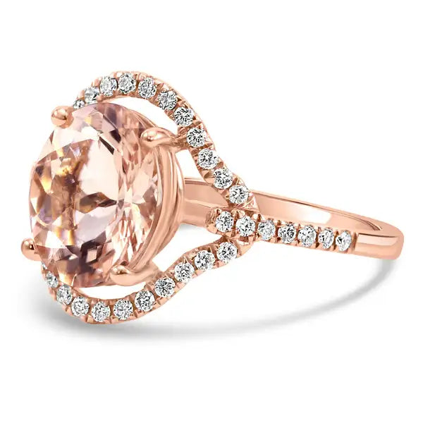 Anillo de compromiso con halo de oro de 14 quilates con diamantes blancos redondos y morganita ovalada
