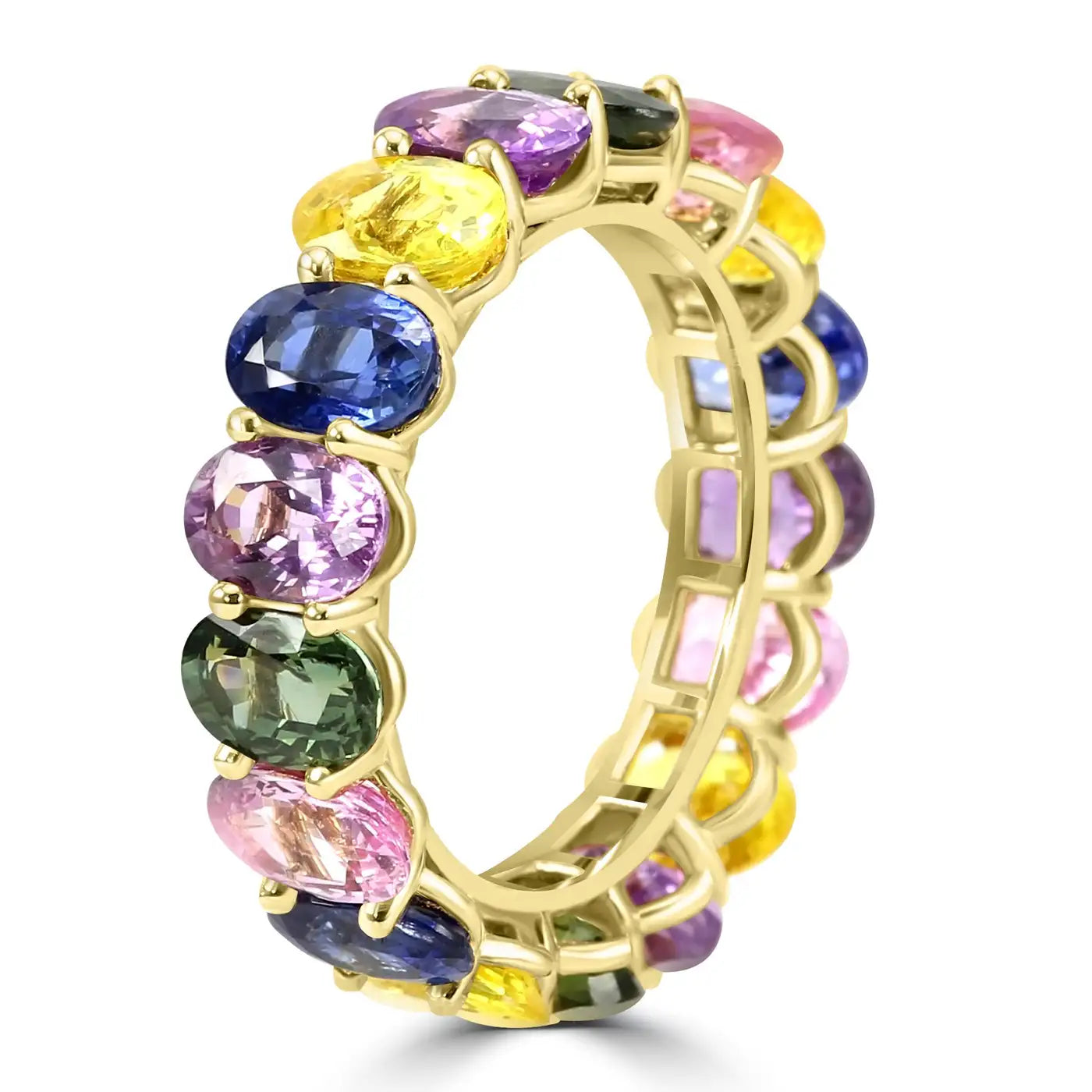Anillo de eternidad de oro amarillo de 18 quilates con óvalos de zafiro multicolor