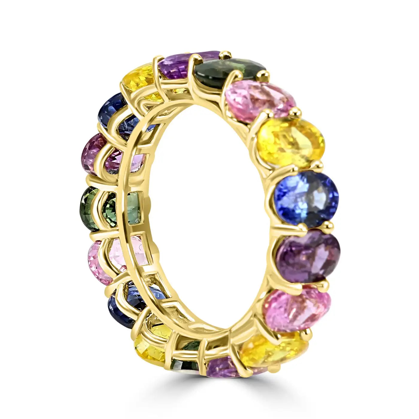 Anillo de eternidad de oro amarillo de 18 quilates con óvalos de zafiro multicolor