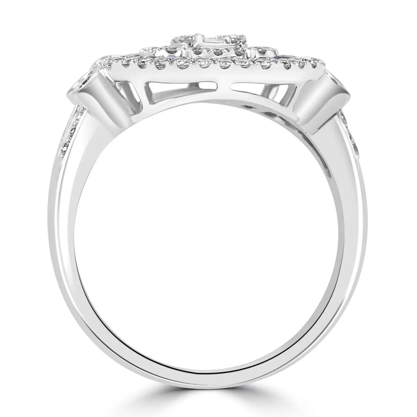 Anillo de triple halo con diamantes talla baguette y zafiro azul en oro blanco de 18 quilates