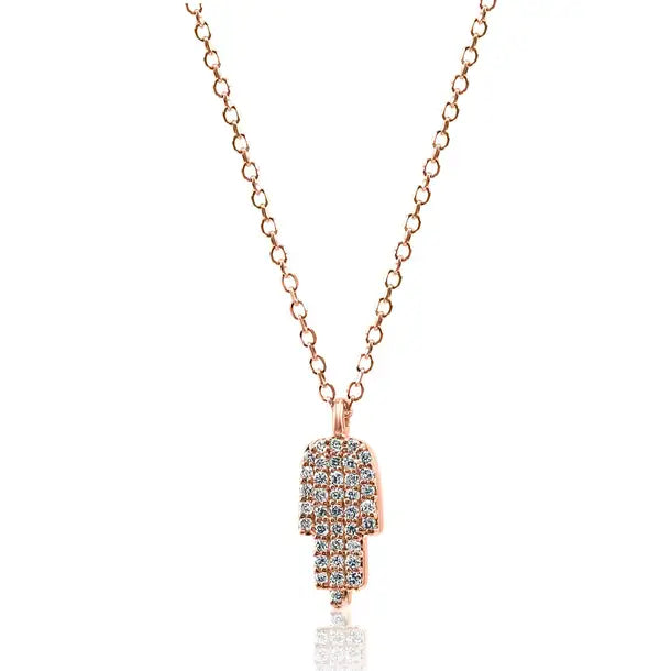 Collar de moda con colgante de cadena con forma de "Hamsa" en oro rosa de 14 quilates y diamantes redondos blancos