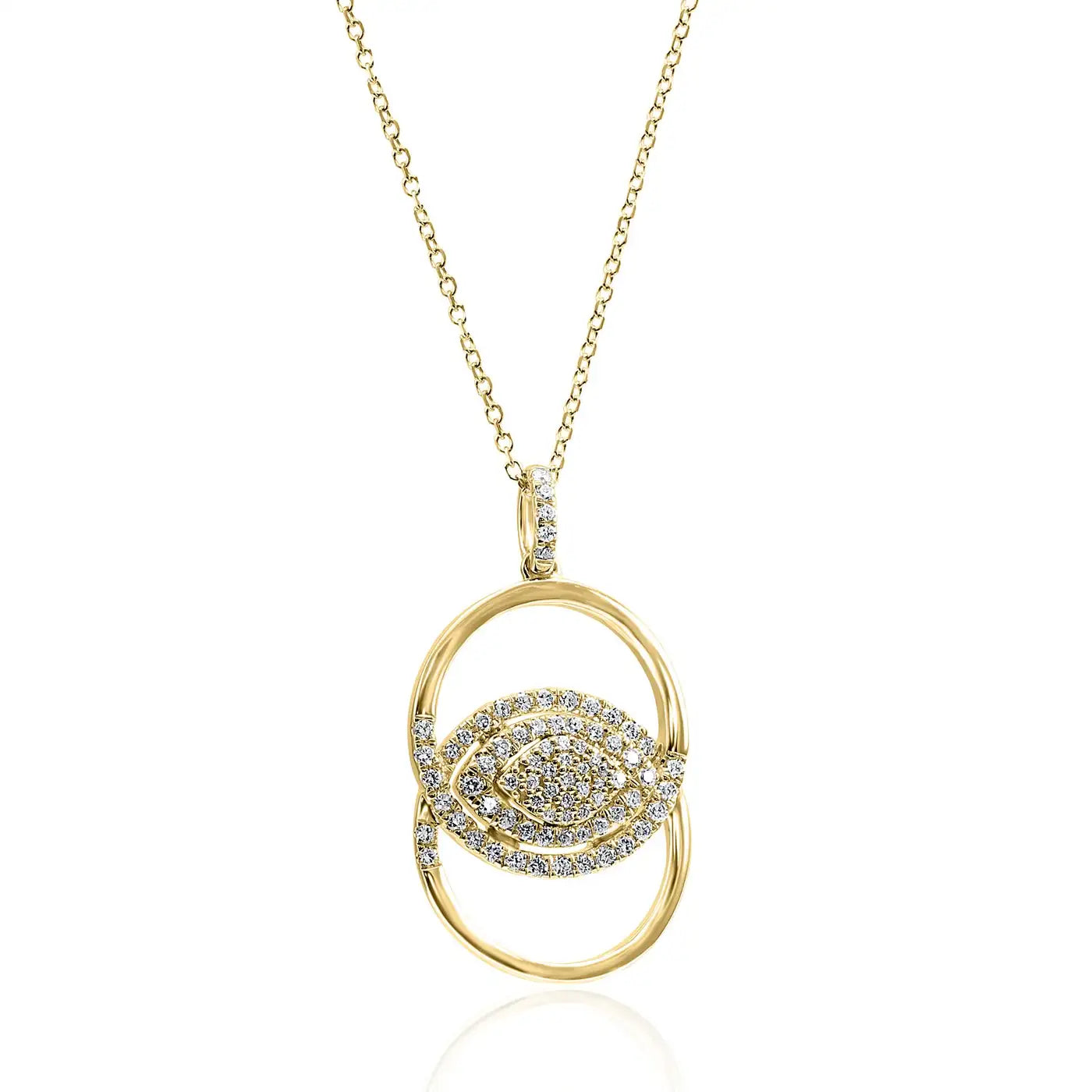 Collar con colgante de cadena con forma de ojo malvado en oro de 14 quilates y diamantes blancos redondos