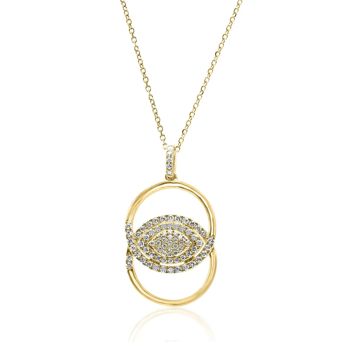 Collar con colgante de cadena con forma de ojo malvado en oro de 14 quilates y diamantes blancos redondos