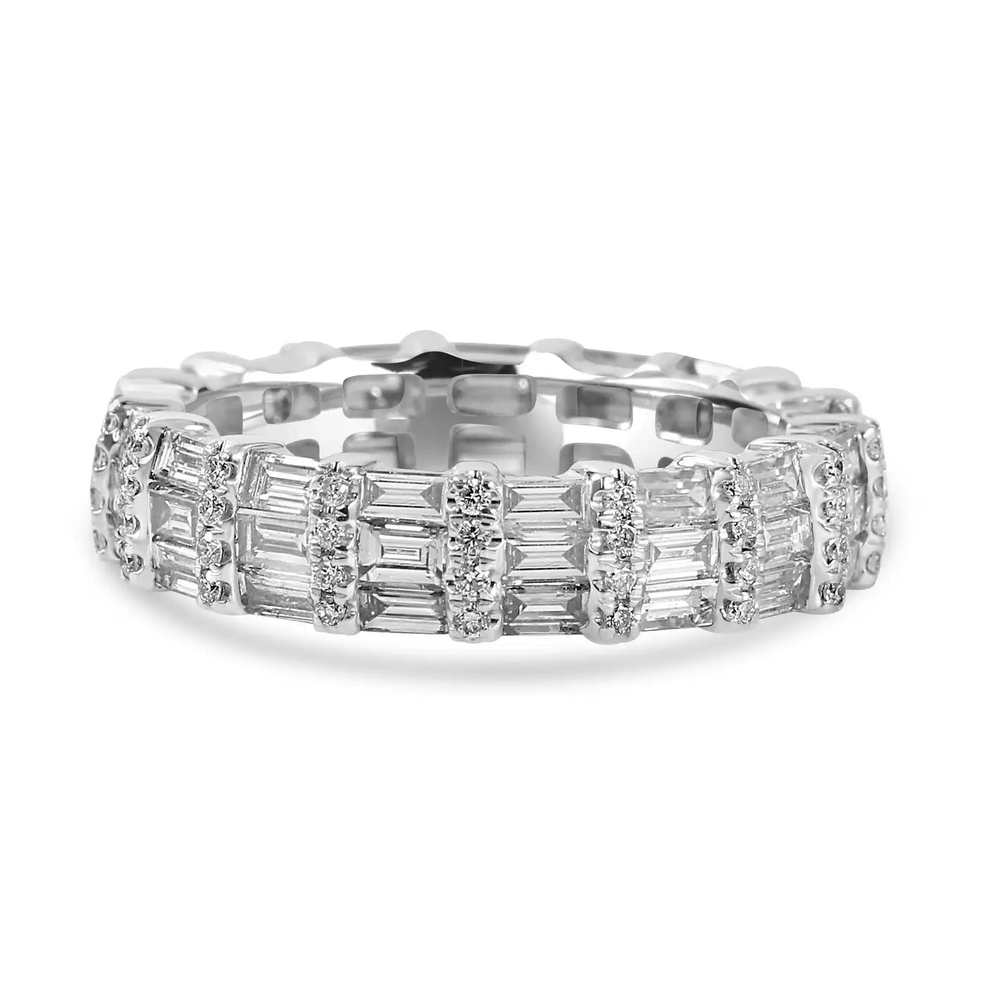 White Diamond Baguette & Round 18 Karat White Gold Fashion Eternity Band Ring